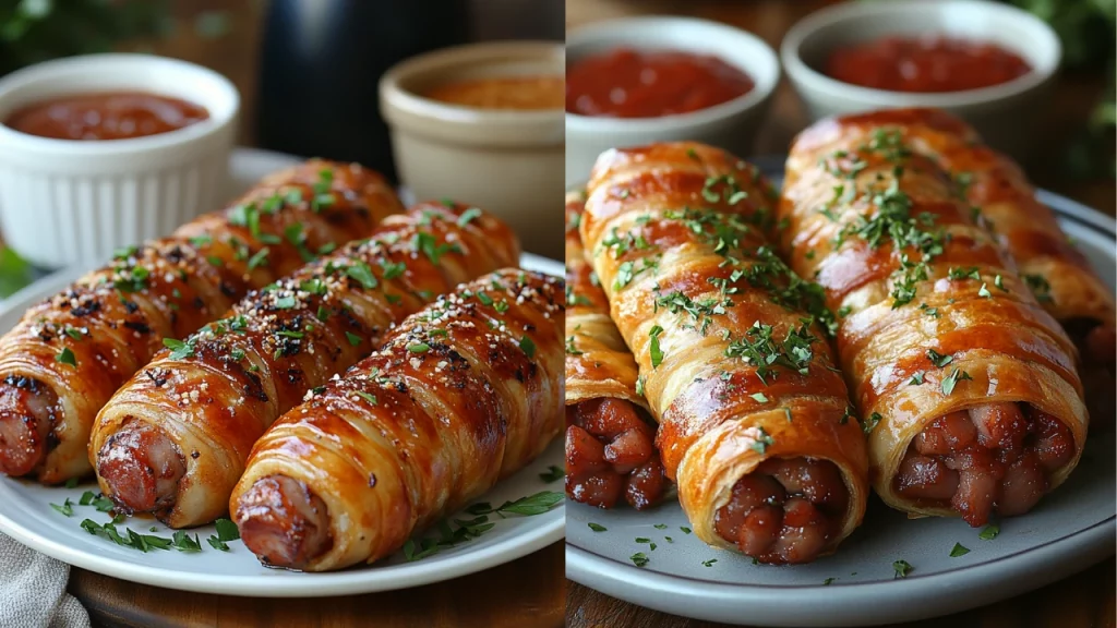 a collage of food on a plate, Pigs in a Blanket